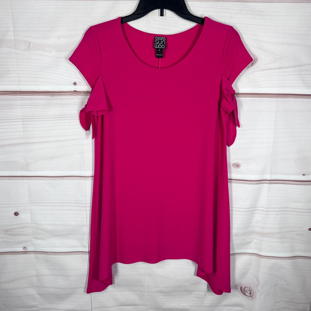 Clara Sunwoo Top Women S Pink Cold Shoulder Short Sleeve Scoop Neck Tunic